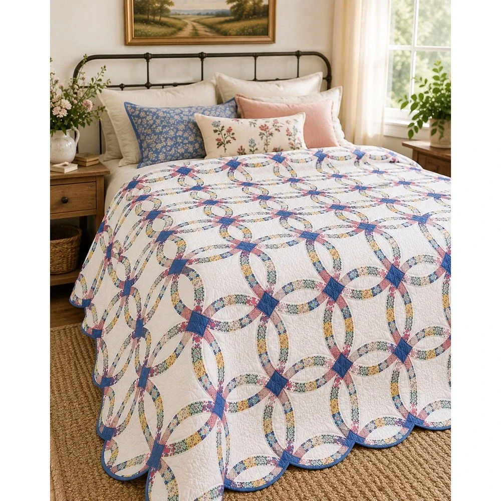 Vintage Double Wedding Ring Quilt 86x86 Cottagecore Full Queen
